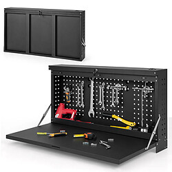 Helloshop26 Table de travail murale suspendue pliante avec panneau perforé organisateur d'outils 2 en 1 avec tablette spacieuse 50 x 50 x 106 cm charge 50 kg noir 20_0005380