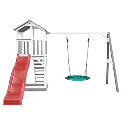 AXI Beach Tower Aire de Jeux avec Toboggan en Rouge, Balançoire Nid d'oiseau VERT & Bac à Sable | Grande Maison Enfant extérieur en Gris & BLANC | Cabane de Jeu en Bois FSC