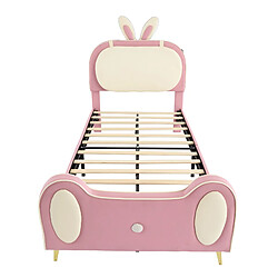 KOMHTOM Lit simple enfant 90x200 cm, tête de lit lapin, bande LED, cadre en bois massif et fer tubulaire, beige + rose pas cher