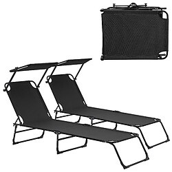 Helloshop26 Lot de 2 transats pliable 190 cm avec toiture pare-soleil de relax acier noir 03_0004513