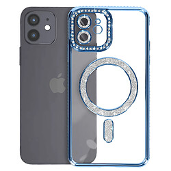 Avizar Coque Diamant pour iPhone 12 Protection MagSafe Contour Strass Bleu Clair