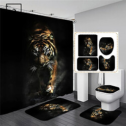 Universal Lot de 4 pièces tigres noirs animaux imprimés rideaux de douche salle de bains écran de douche anti-dérapant couvercle de toilette tapis tapis cuisine décoration maison (180 * 180 cm)