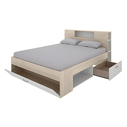 Vente-Unique Lit avec tête de lit rangements et tiroirs - 140 x 190 cm - Coloris : Naturel et blanc + Sommier + Matelas - LEANDRE pas cher