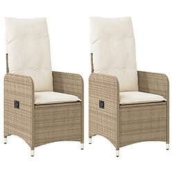 vidaXL Chaises inclinables de jardin lot de 2 et coussins beige rotin