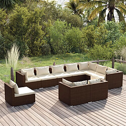 vidaXL Salon de jardin 10 pcs avec coussins Résine tressée Marron