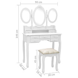 vidaXL Coiffeuse avec tabouret et miroir pliable en 3 Blanc pas cher