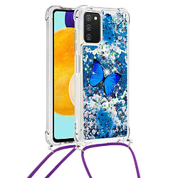 Coque en TPU anti-chute, sable mouvant fluide brillant avec sangle papillon bleu pour votre Samsung Galaxy A03s (164.2 x 75.9 x 9.1mm)