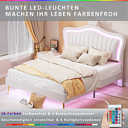 KOMHTOM Lit Double Capitonné 140 X 200 cm - Cadre De Lit Couronne Blanche - En Cuir Pu Avec LED - Sommier À Lattes et Dossier - Sans Matelas