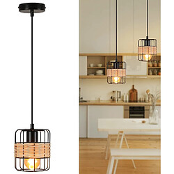 NETTLIFE Suspension E27 Noir Vintage Rotin Boho Métal Bois Lampe de Cuisine Bambou Naturel Abat-Jour Panier pour Salle à Manger Salon