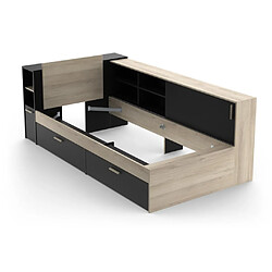 Acheter Vente-Unique Lit modulable 90 x 190/200 cm avec rangements - Noir et naturel - LIARA