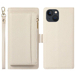 Etui en PU magnétique, texture litchi, antichoc avec pochette à fermeture éclair et sangle pour votre iPhone 14 Plus - blanc