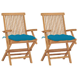 vidaXL Chaises de jardin lot de 2 avec coussins bleu clair Teck massif