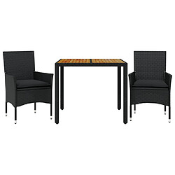 vidaXL Ensemble à manger de jardin et coussins 3 pcs noir rotin acacia