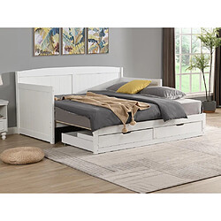 Vente-Unique Lit gigogne banquette 90 x 190 ou 180 x 190 cm - Avec sommier peigne et tiroirs - Pin et MDF - Blanc + Matelas - DINIVA