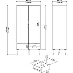 Cstore Armoire - Blanc / Chene - 2 portes / 2 tiroirs - Pietement évasé en bois massif - Chambre - 98,7 x 58,1 x 200,1 cm pas cher