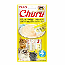 INABA Churu - Friandises pour Chats en purée au Poulet au Fromage & b?uf - 4 Tubes x 14g - Délicieux Snacks pour Félins - Texture Lisse et Onctueuse - Nourriture pour Chats