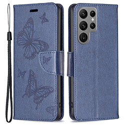 Etui en PU motif papillons, antichocs avec support pour votre Samsung Galaxy S23 Ultra - bleu foncé