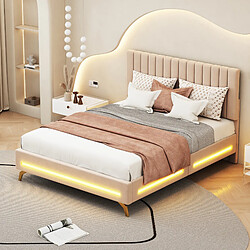 KOMHTOM Lit rembourré 140 x 200 cm avec lampe LED et cadre à lattes, tissu velours, lit double pour adultes et adolescents, beige (matelas non inclus)