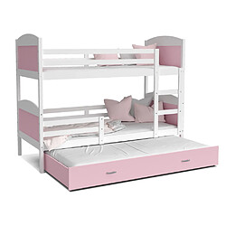 Kids Literie Lit Superposé 3 Places Mateo 90x190 Blanc - rose Livré avec sommiers, tiroir et matelas en mousse de 7cm