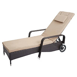 Decoshop26 Chaise longue relaxation transat de jardin bain de soleil poly rotin marron housse beige 04_0004241