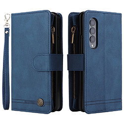 Etui en PU motif rayures avec support, porte-cartes et pochette zippée bleu pour votre Samsung Galaxy Z Fold3 5G