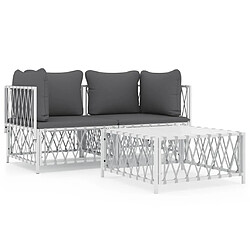 vidaXL Salon de jardin avec coussins 3 pcs blanc acier