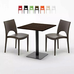 Grand Soleil Table carrée 70x70 plateau effet bois avec 2 chaises colorées Paris Melon - Marron