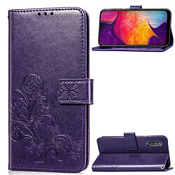 Wewoo Housse Coque Étui en cuir à Motif fleurs repiquées Lucky Clover pour Galaxy A50avec fentes cartes et porte-cartes ainsi que portefeuille et dragonne violet