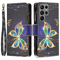 Etui en PU magnétique avec support et pochette zippée pour votre Samsung Galaxy S23 Ultra - Papillon strass