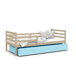 Kids Literie Lit Enfant Milo 90x190 Pin - bleu Livré avec sommiers, tiroir et matelas en mousse de 7cm