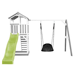 AXI Beach Tower Aire de Jeux BLANC avec Toboggan en VERT Clair, Balançoire Nid d'oiseau Noir & Bac à Sable | Grande Maison Enfant extérieur en Gris & BLANC | Cabane de Jeu en Bois FSC