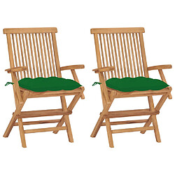 vidaXL Chaises de jardin avec coussins vert lot de 2 Bois teck massif