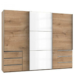 Inside 75 Armoire coulissante LISEA 3 portes 6 tiroirs chêne poutre verre blanc 300 x 236 cm HT