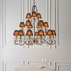 Avis Interiors 1900 Chandelier Oksana, nickel poli, pampilles cristal, 21 abat-jours chocolat