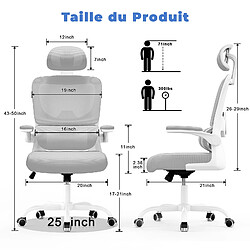 Chaise de Bureau avec Support Lombaire, fauteuil de bureau à Dossier Haut Respirant avec Accoudoir, Rattantree chaise de bureau ergonomique, Dossier et Appui-tête Réglables, Gris