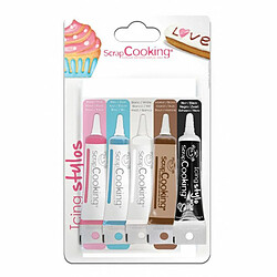 Scrapcooking 5 stylos de glaçage blanc, rose, bleu, chocolat, noir