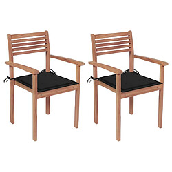 vidaXL Chaises de jardin lot de 2 et coussins noir Bois de teck massif 