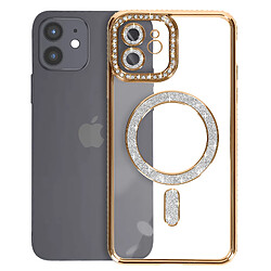 Avizar Coque Diamant pour iPhone 12 Protection MagSafe Contour Strass Dorée