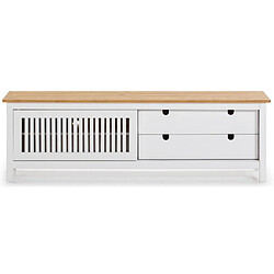 Pegane Meuble TV en pin massif décor ciré chêne et blanc, meuble de rangement - Longueur 158 x Profondeur 40 x Hauteur 49.6 cm