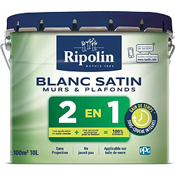 RIPOLIN Peinture blanche pour murs et plafonds avec sous-couche integre - Blanc satin - 10 L