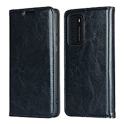 Etui en cuir véritable texture de cheval fou bleu pour votre Huawei P40