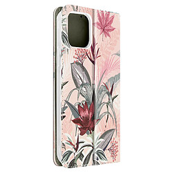 Avizar Étui Apple iPhone 12 / 12 Pro Porte-carte Support Motif Fleurs Tropicales – rose