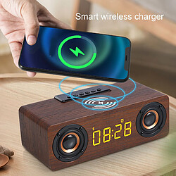 ComfortXL Enceinte bluetooth sans fil avec charge sans fil 10w et réveil en bois rétro pour téléphones mobiles et tablettes - grain de bois foncé pas cher