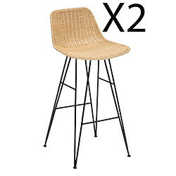 Pegane Lot de 2 chaises de bar en bois de rotin coloris Beige et pieds en métal coloris noir - Longueur 43 x Profondeur 43 x Hauteur 90 cm