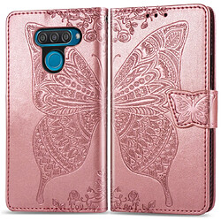 Wewoo Housse Coque Étui en cuir à rabat horizontal Butterfly Love Flowers pour LG Q60avec supportlogements cartesportefeuille et lanière or rose