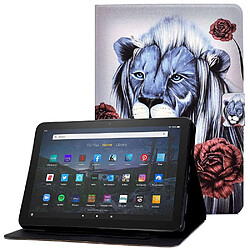 Etui en PU magnétique avec support et porte-cartes pour votre Amazon Fire HD 10 Plus (2021) - Rose et lion