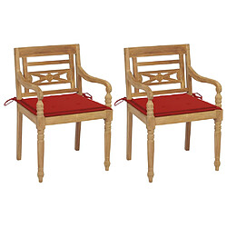 vidaXL Chaises Batavia lot de 2 et coussins rouges Bois de teck massif