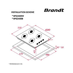 Avis Table de cuisson gaz 60cm 4 feux noir - BPG3400B - BRANDT