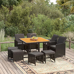 vidaXL Ensemble à manger de jardin coussins 9pcs Résine tressée Noir