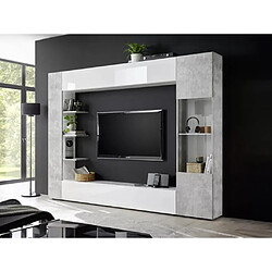 Vente-Unique Mur TV SIRIUS avec rangements - Coloris : Blanc laqué et béton